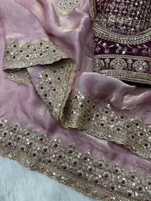 soft fandy satin fabric embroidered saree with blouse 3