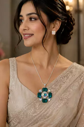 Elegant blue crystal statement necklace set with matching stud earrings | silver tone designer jewellery