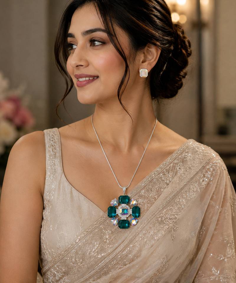 Elegant blue crystal statement necklace set with matching stud earrings | silver tone designer jewellery