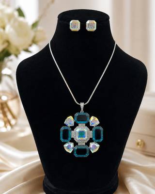 Elegant blue crystal statement necklace set with matching stud earrings | silver tone designer jewellery 2