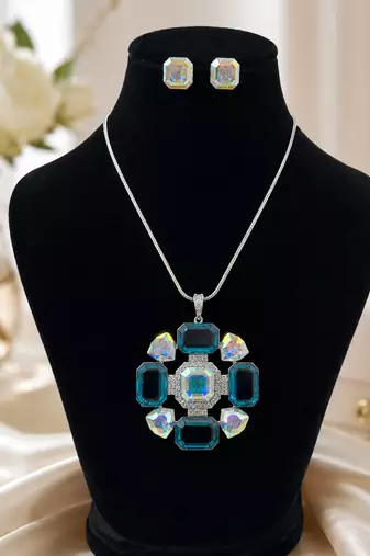 Elegant blue crystal statement necklace set with matching stud earrings | silver tone designer jewellery