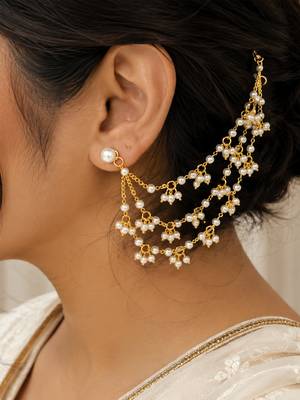 Gold plated pearl chain ear cuff with multi-layer pearl dangler design 1