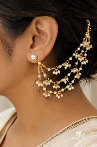 Gold plated pearl chain ear cuff with multi-layer pearl dangler design