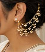 Gold plated pearl chain ear cuff with multi-layer pearl dangler design