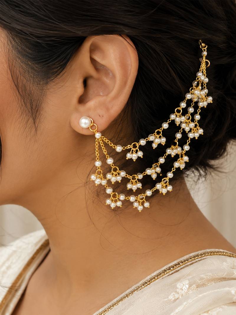 Gold plated pearl chain ear cuff with multi-layer pearl dangler design