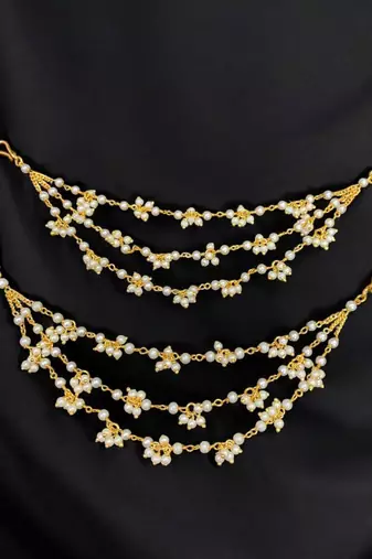 Gold plated pearl chain ear cuff with multi-layer pearl dangler design