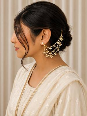 Gold plated pearl chain ear cuff with multi-layer pearl dangler design 3
