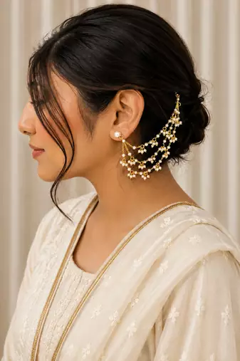 Gold plated pearl chain ear cuff with multi-layer pearl dangler design