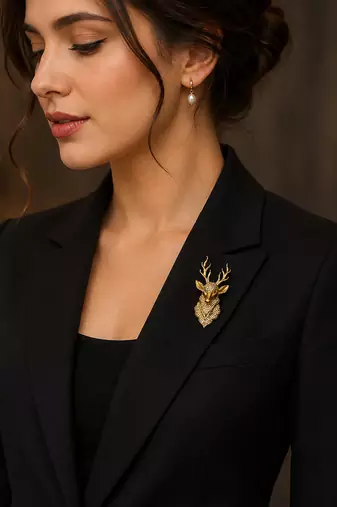 Royal gold-tone deer head statement brooch with crystal detailing