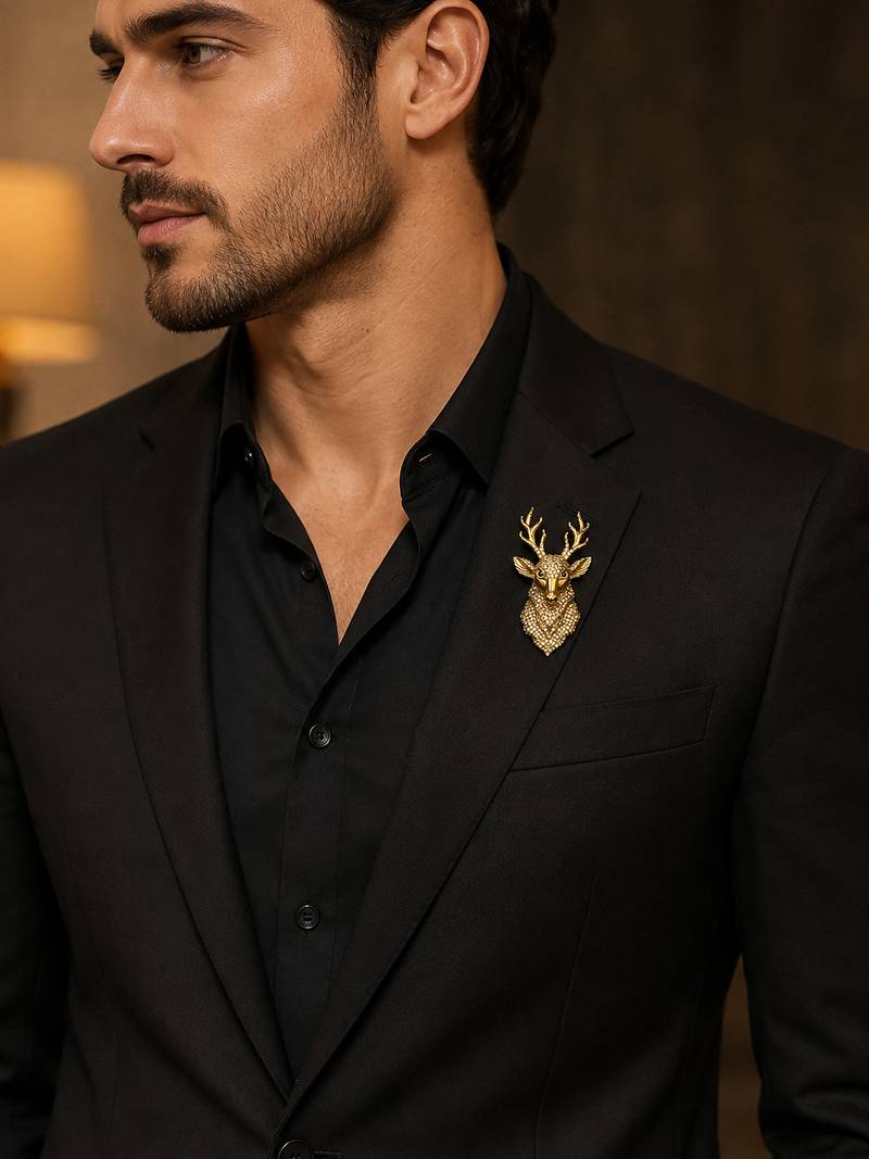 Royal gold-tone deer head statement brooch with crystal detailing