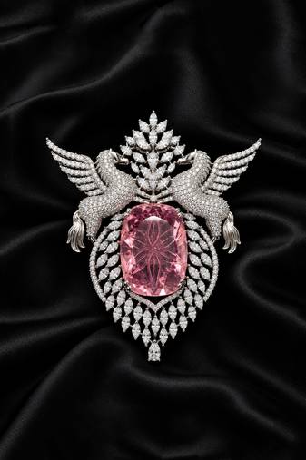 Elegant silver-tone swan brooch with large pink crystal & clear stone embellishment