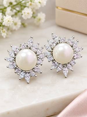 Elegant pearl and crystal floral stud earrings with silver-tone finish 1