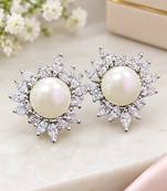 Elegant pearl and crystal floral stud earrings with silver-tone finish
