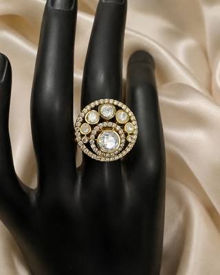 Elegant gold-tone round statement ring with clear stone studded design 1
