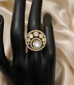 Elegant gold-tone round statement ring with clear stone studded design