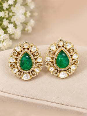 Emerald green teardrop stone gold-tone studded earrings 1