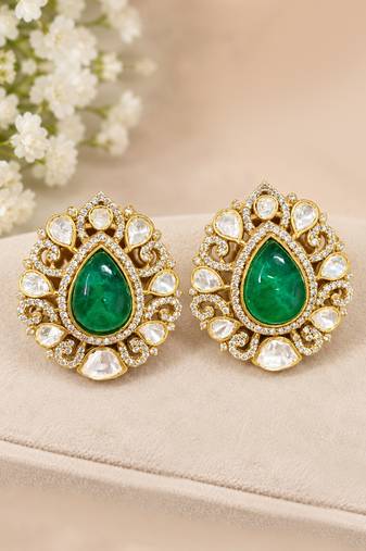 Emerald green teardrop stone gold-tone studded earrings
