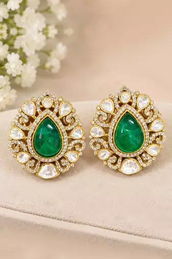 Emerald green teardrop stone gold-tone studded earrings