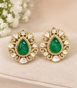 Emerald green teardrop stone gold-tone studded earrings