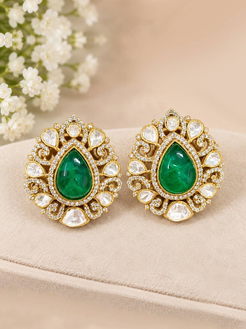 Emerald green teardrop stone gold-tone studded earrings