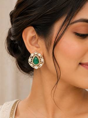 Emerald green teardrop stone gold-tone studded earrings 2