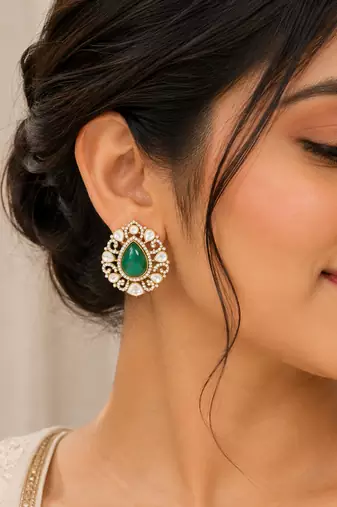 Emerald green teardrop stone gold-tone studded earrings
