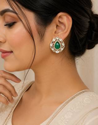 Emerald green teardrop stone gold-tone studded earrings 3