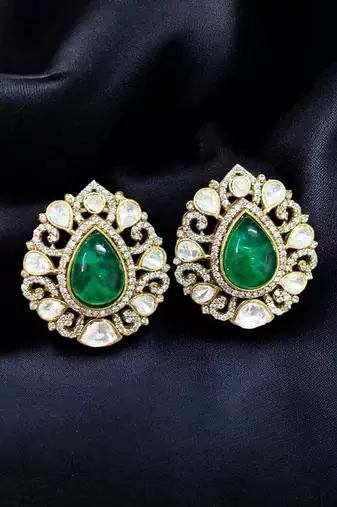 Emerald green teardrop stone gold-tone studded earrings
