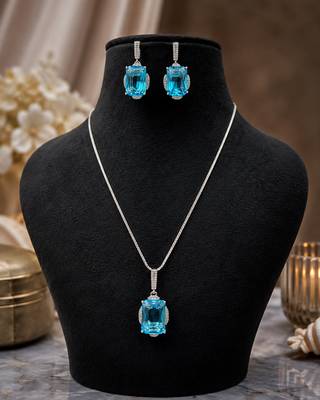 Elegant blue rectangular stone necklace set with matching drop earrings 1