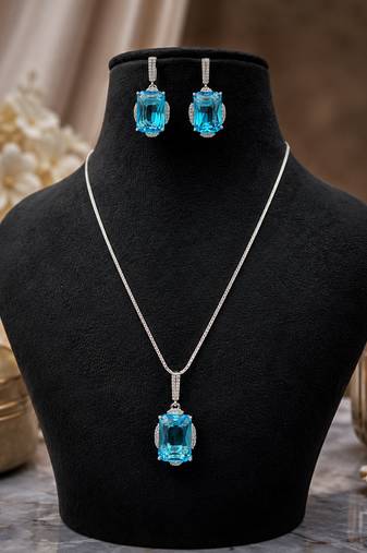 Elegant blue rectangular stone necklace set with matching drop earrings