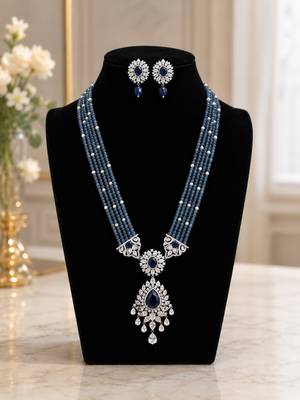 Royal blue beaded long necklace set with cz stone pendant & matching earrings 1