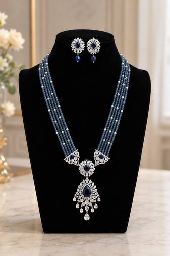 Royal blue beaded long necklace set with cz stone pendant & matching earrings