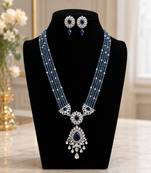 Royal blue beaded long necklace set with cz stone pendant & matching earrings