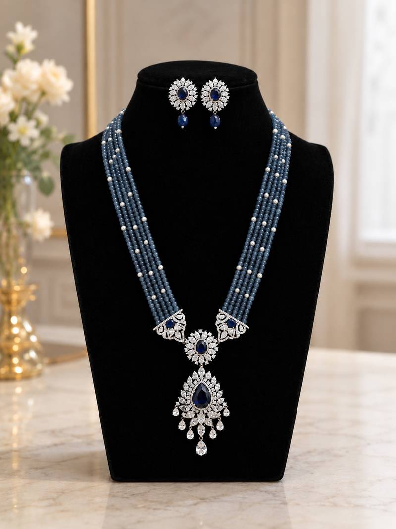 Royal blue beaded long necklace set with cz stone pendant & matching earrings