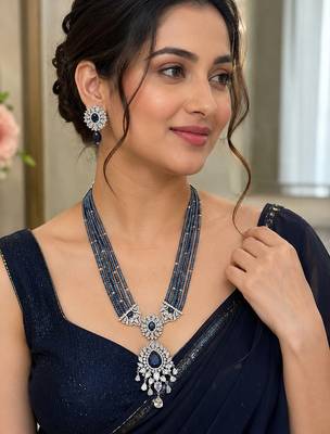 Royal blue beaded long necklace set with cz stone pendant & matching earrings 2