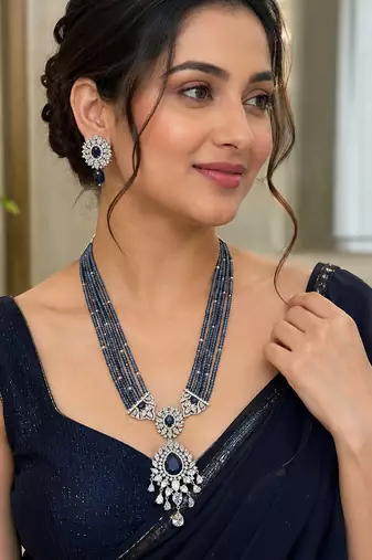 Royal blue beaded long necklace set with cz stone pendant & matching earrings