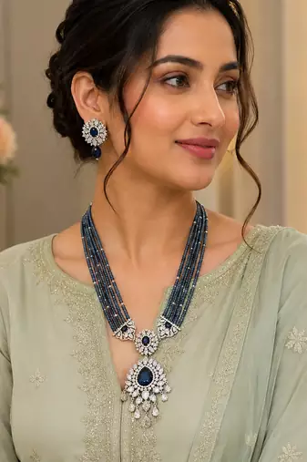 Royal blue beaded long necklace set with cz stone pendant & matching earrings