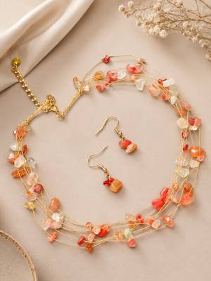 Multicolor natural stone beaded layered necklace & earrings set with gold-tone chain 1