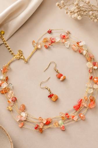 Multicolor natural stone beaded layered necklace & earrings set with gold-tone chain