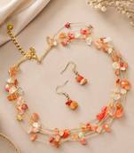 Multicolor natural stone beaded layered necklace & earrings set with gold-tone chain