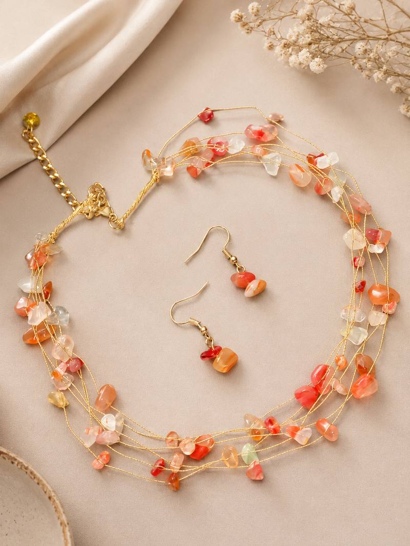 Multicolor natural stone beaded layered necklace & earrings set with gold-tone chain