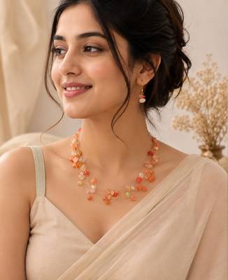 Multicolor natural stone beaded layered necklace & earrings set with gold-tone chain 2