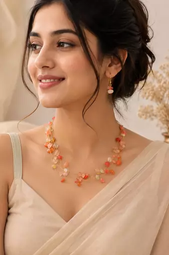 Multicolor natural stone beaded layered necklace & earrings set with gold-tone chain