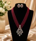 Elegant red beaded multi-strand necklace set with cz pendant & matching earrings