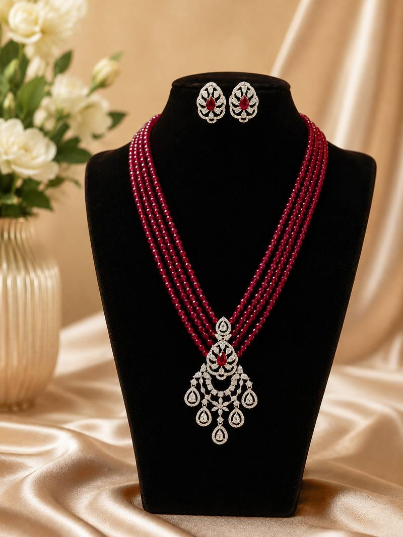 Elegant red beaded multi-strand necklace set with cz pendant & matching earrings