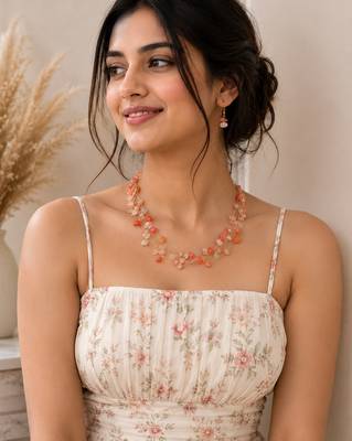 Multicolor natural stone beaded layered necklace & earrings set with gold-tone chain 3