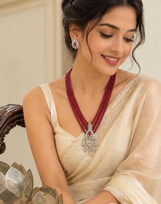 Elegant red beaded multi-strand necklace set with cz pendant & matching earrings 2