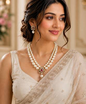 Elegant pearl beaded necklace set with ruby-coloured stones & kundan work 2