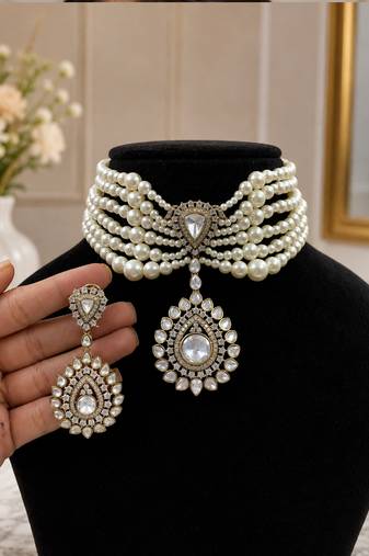 Elegant pearl choker necklace set with kundan-style pendant & matching drop earrings