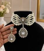 Elegant pearl choker necklace set with kundan-style pendant & matching drop earrings